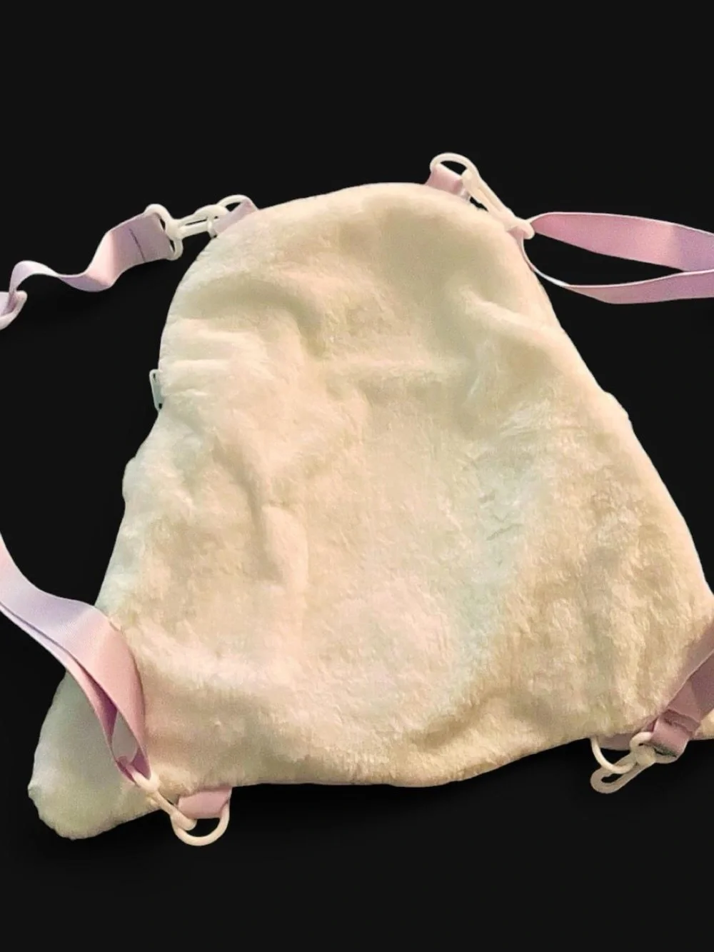 Plush White Ghost Backpack/shoulder bag with Purple eyes and pink cheeks. Kawai
